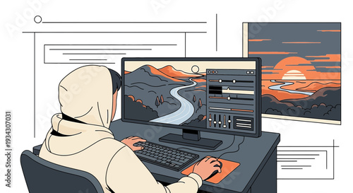 Artist designing landscape on computer, digital art creation, modern design