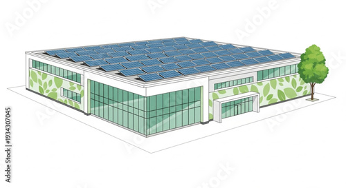 Modern Building with Solar Panels on Roof and Greenery.