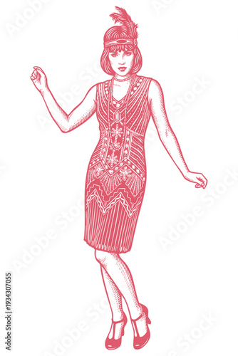 Vector engraving illustration of a 1920s flapper girl in a retro dress and feather headband. Vintage dancing woman isolated on white background.