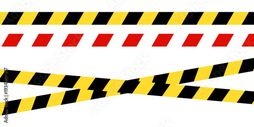 vector illustration: set of various yellow and red warning tape crossed and seamless pattern isolated on white or transparent png