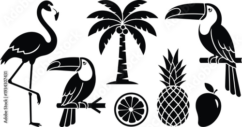 Flat design tropical icon set close up flamingo and toucan silhouettes with palm tree pineapple orange slice and mango arranged in horizontal layout mockup colorful vector