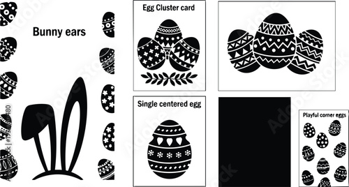 Minimalist flat vector art close up decorated easter eggs and bunny ears arranged in clusters corner layouts with centered egg card mockups high contrast black white