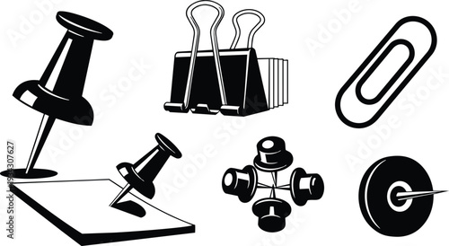 Minimalist black and white vector art close up of push pins thumbtack paperclip and binder clips arranged on white background top view clean composition studio lighting