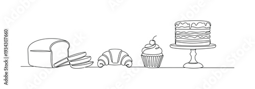 Vector continuous line drawing of baked goods on transparent background