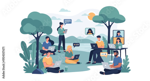 Flexible Remote Team Working Outdoors. Diverse Digital Nomads Collaborating in Nature with Laptops, Online Meetings & Digital Communication.