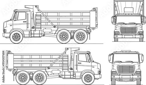 Construction Dump Truck Technical Drawing with Side and Front Views Detailed Industrial Vehicle Line Art Vector