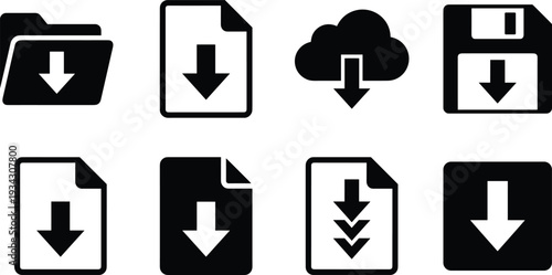 Download Icons Collection with Cloud, Folder, File and Disk Symbols in Solid Black and White Vector StyleDownload Icons Collection with Cloud, Folder, File and Disk Symbols in