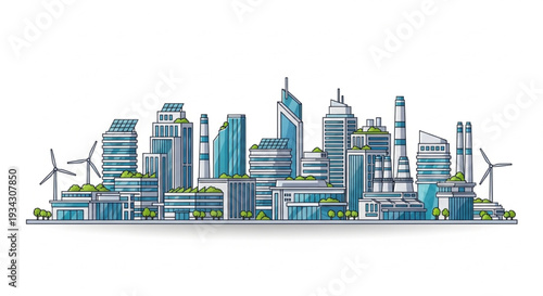 Modern Cityscape with Wind Turbines.