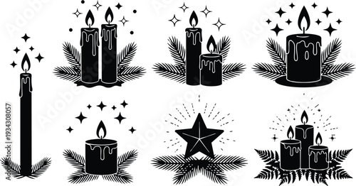 Minimalist vector art close up candle arrangements with pine branches star sparkling lights three candle group glowing black silhouette christmas flat side view warm cozy holiday