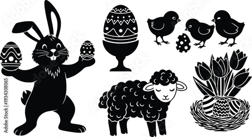 Black silhouette vector art close up playful easter bunny holding decorated eggs with sleeping lamb and chicks near tulip nest on white background festive cheerful