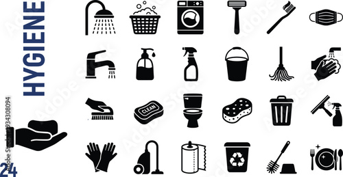 Hygiene and Cleaning Solid Icons Set with Household Sanitation Tools, Bathroom Supplies and Laundry Equipment Vector CollectionHygiene and Cleaning Solid Icons Se