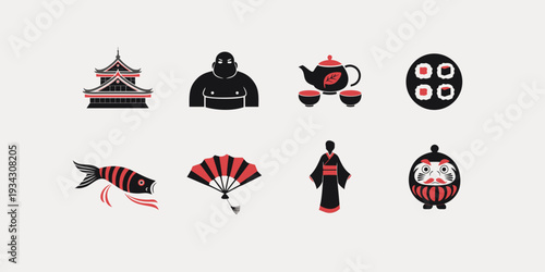 Set of traditional Japanese culture icons. Flat vector minimal illustrations of a castle, sumo wrestler, tea set, sushi, koi fish, fan, kimono, and daruma doll.
