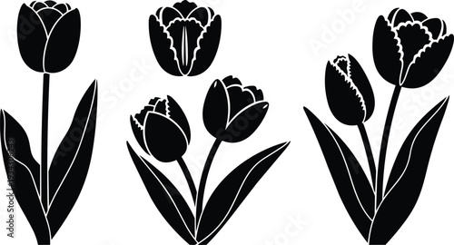 Minimalist black tulip silhouettes close up three floral icons showing single stem and double stem arrangements on white background vector art flat design high contrast centered