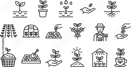 line icons of gardening and coffee plants