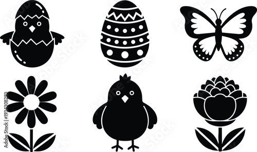 Flat design spring icons set with cracked egg chick decorated egg butterfly daisy peony simple black silhouettes centered on white background minimal vector art editable scalable