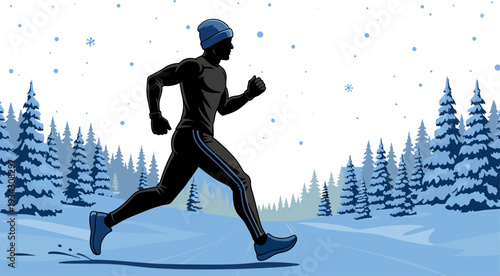 Winter running illustration of athlete in snowy landscape, wearing beanie and cold weather gear, fitness perseverance, outdoor exercise, healthy lifestyle concept