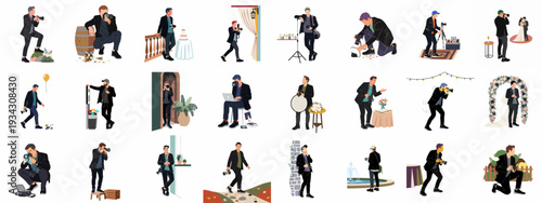 A diverse collection of male photographers capturing moments in various professional and casual settings, illustrating the multifaceted nature of photography.