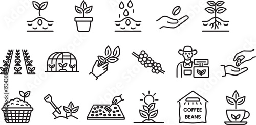 line icons set of coffee plantation and gardening tools