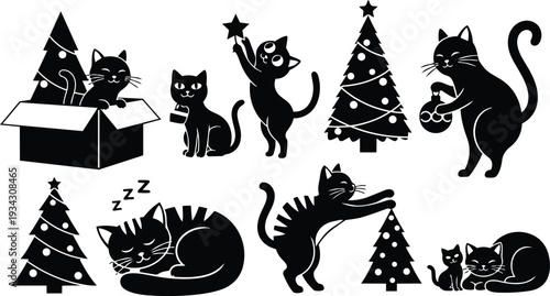 Playful flat design close up black cat silhouettes decorating christmas tree placing star holding ornament sitting in box sleeping curled up kitten cheerful festive holiday scene