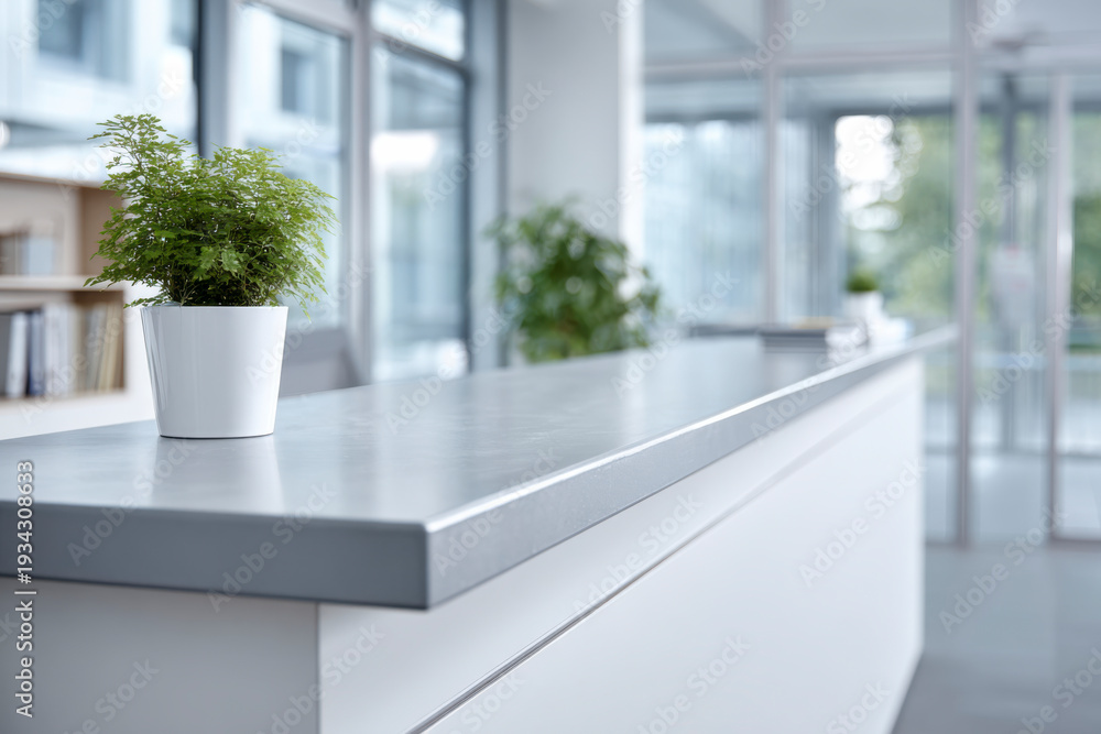 Fototapeta premium Modern Office Counter with Green Plant for a Calm Workspace Aesthetic
