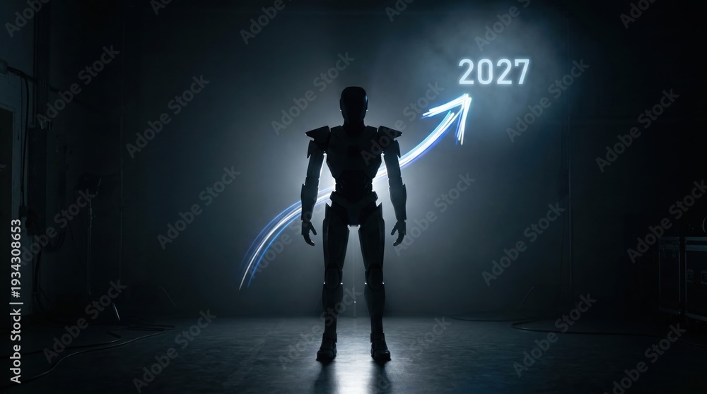 Fototapeta premium Robot silhouette with blue rising arrow and 2027 text in dark studio. 2027 future vision concept.