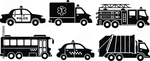 Minimalist flat icon set top view and side silhouettes of emergency and service vehicles police ambulance fire truck bus taxi garbage truck in black clean bold
