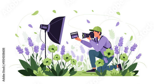 Photographer Capturing Nature's Beauty in Floral Field with Studio Light