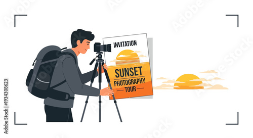 Photographer Capturing Sunset on Tripod, Promoting Photography Tour