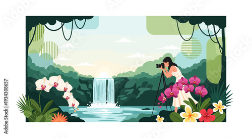 Photographer Capturing Tropical Waterfall and Orchid Blooms