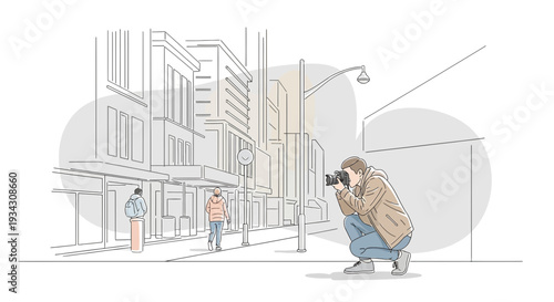 Photographer Capturing Urban Scene, Street Photography Concept, Line Art Illustration