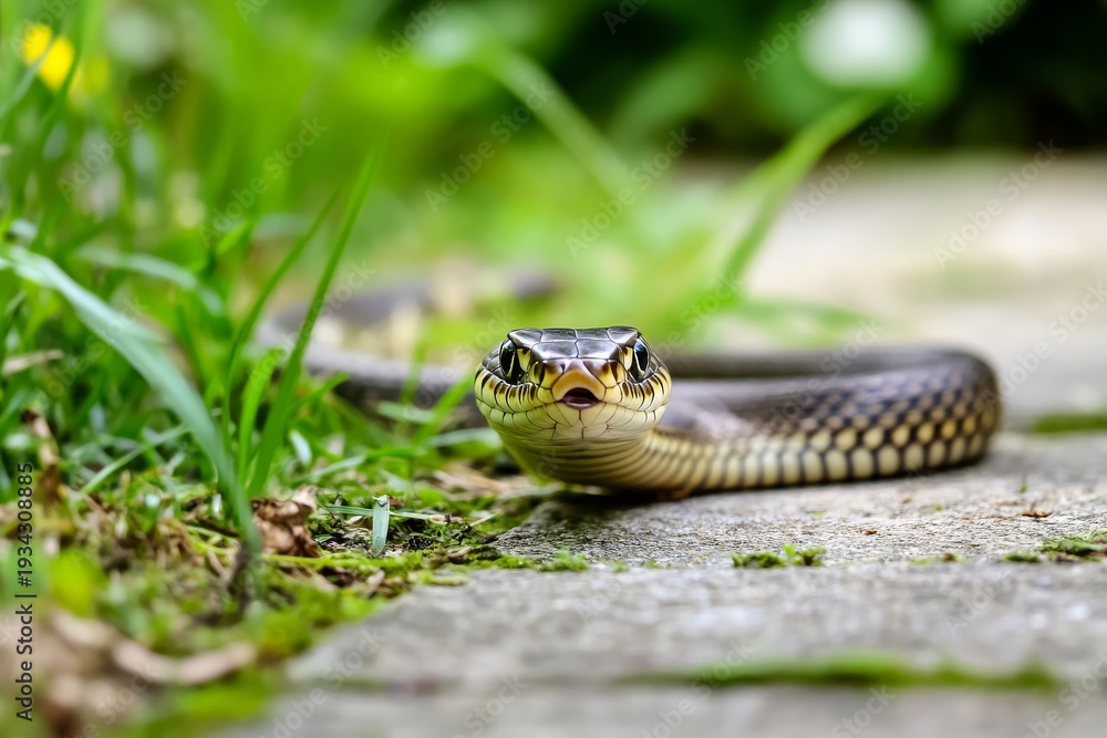 Obraz premium Close view of snake moving along garden path in suburban backyard highlighting home pest concern