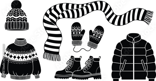 Minimalist vector flat design set of winter accessories hat scarf mittens sweater boots and puffer jacket arranged in top view simple black and white silhouette icons