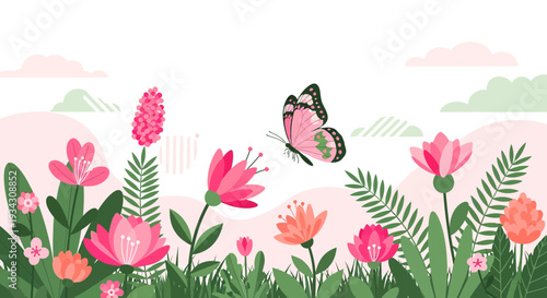 Pink Butterfly Flying Over Spring Flowers Meadow - Flat Design