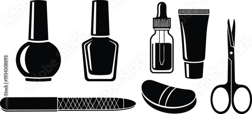 Minimalist flat vector art close up manicure tool set with two nail polish bottles dropper serum tube scissors emery file and sponge on white background clean