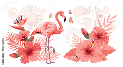 Pink Flamingo Tropical Flowers Butterflies Abstract Circles White Background