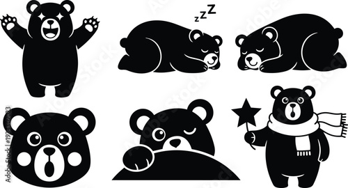 Minimalist vector bear icon set showing waving bear roaring sleeping bear peeking over hill bear face badge holding star with scarf flat design cute black silhouette
