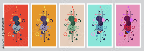 Collection of five abstract geometric vector illustrations featuring colorful overlapping circles and dot patterns.