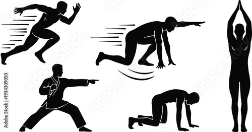 Minimalist vector silhouettes of athletes sprinting jumping and performing martial arts stance while crawling and stretching shown in side and front angles high contrast black silhouettes