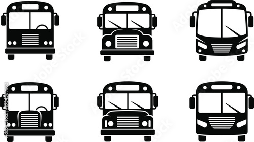 Public Bus Front View Icon Collection with Classic and Modern Transport Silhouette Vector Illustration Set