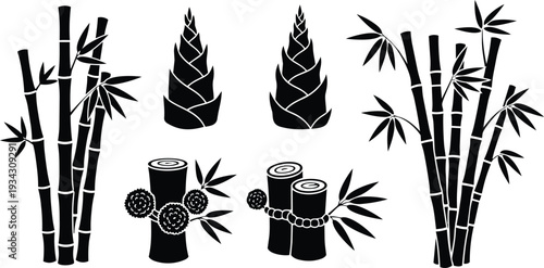 Minimalist silhouette vector art close up bamboo stalks and shoots arranged with tied logs branches and leaves side view high contrast black and white composition decorative