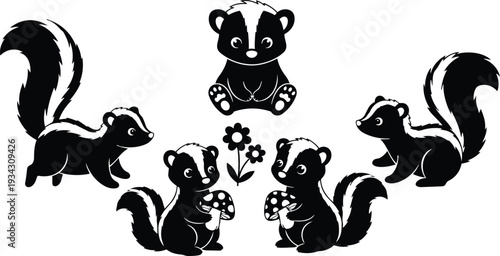 Cute skunk vector set five characters sitting standing holding mushroom and flower flat design close up front view playful black and white composition friendly illustration collection