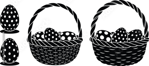 Minimalist vector close up woven easter basket with polka dot eggs arranged inside side view flat silhouette bright spring decorative composition looking at angle black white