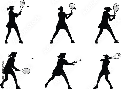 Female tennis player silhouette set, black and white sports action collection showing serve, forehand and backhand isolated illustration