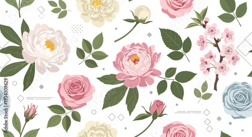 A beautiful seamless floral pattern featuring pink, white, and blue roses and cherry blossoms with green leaves and abstract geometric shapes
