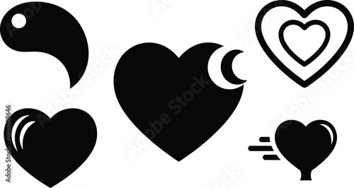 Minimalist flat design heart icon set close up bold black hearts various shapes motion gloss outline crescent accent on white background vector art