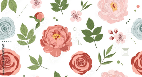 Seamless floral pattern featuring blooming roses, delicate peonies, and cherry blossoms with fresh green leaves on a white background, ideal for spring textile and stationery designs