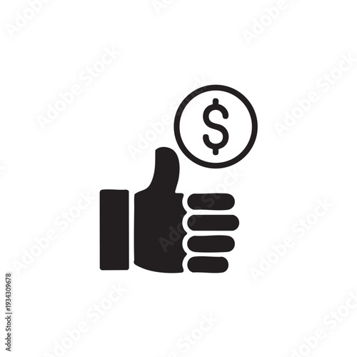 A hand giving a thumbs up with a dollar sign icon above it, symbolizing approval and financial success in a simple graphic illustration