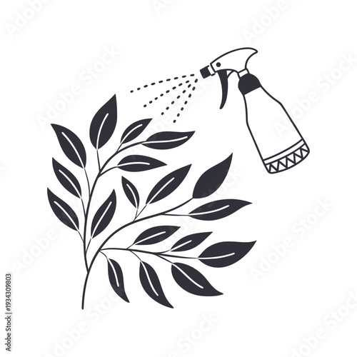 Spraying Water on Plant Leaves with Spray Bottle � Home Gardening and Plant Care Illustration