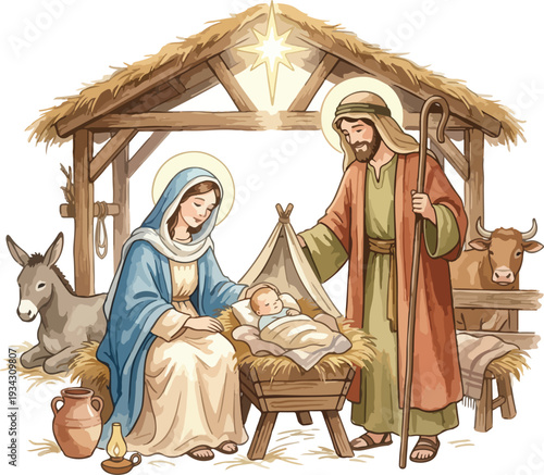 Beautiful Watercolor Nativity Scene Illustration with Mary, Joseph, and Baby Jesus on a Clean White Background