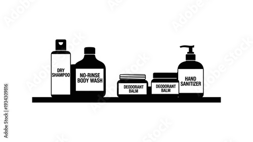 Collection of personal hygiene and grooming products displayed on a shelf, including body wash and hand sanitizer